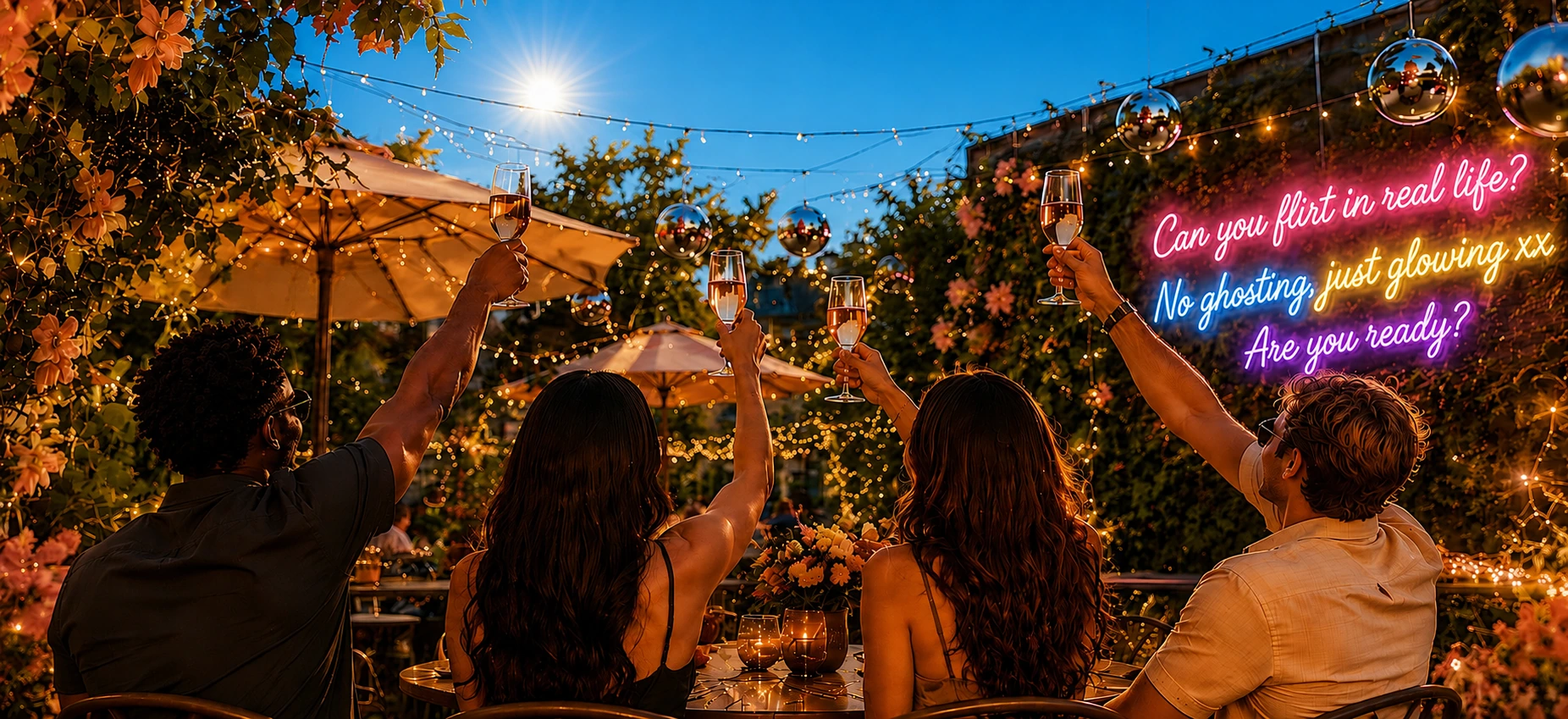 Friends raising glasses in a garden setting with neon sign text about flirting in real life.