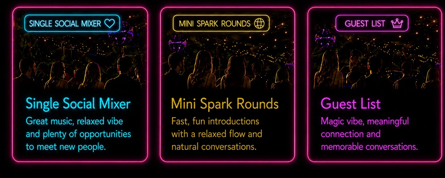 Event option cards for Single Social Mixer, Mini Spark Rounds and Guest List.